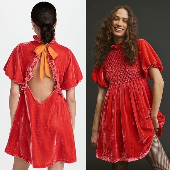 NEW FREE PEOPLE Mini Dress Smocked Ruffle Puff Sleeve Open Back Fall Wedding XS - Picture 1 of 14